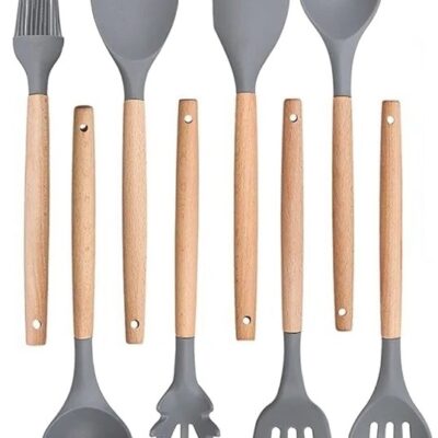 Utensilios calados silicona mango madera-6490