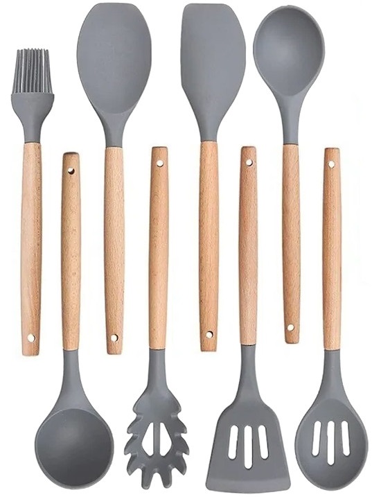 Utensilios calados silicona mango madera-6490